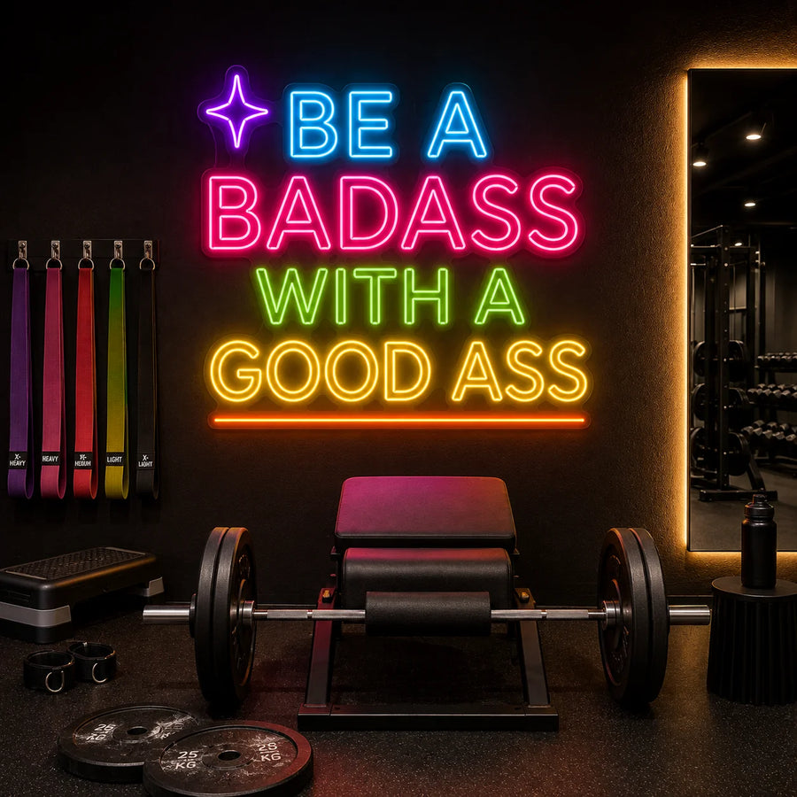 Be A Badass With A Good Ass neon sign glowing above a weight bench in a home gym