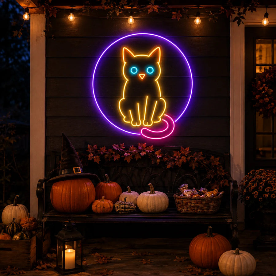 Cozy Halloween neon cat sign glowing on a porch with warm autumn decor