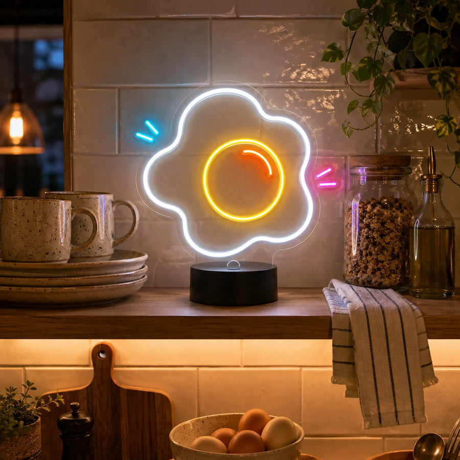 Fried egg neon desk light glowing on a kitchen shelf beside mugs and plates