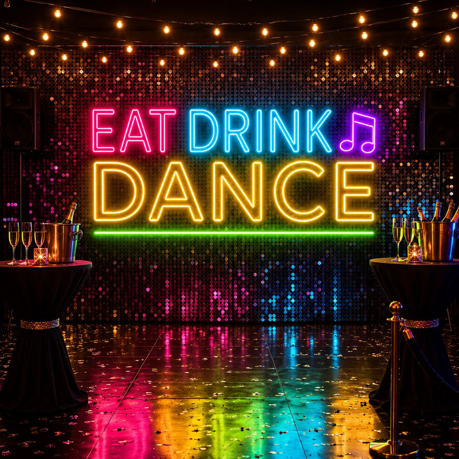 Eat Drink Dance neon sign on a sequin backdrop above an event dance floor