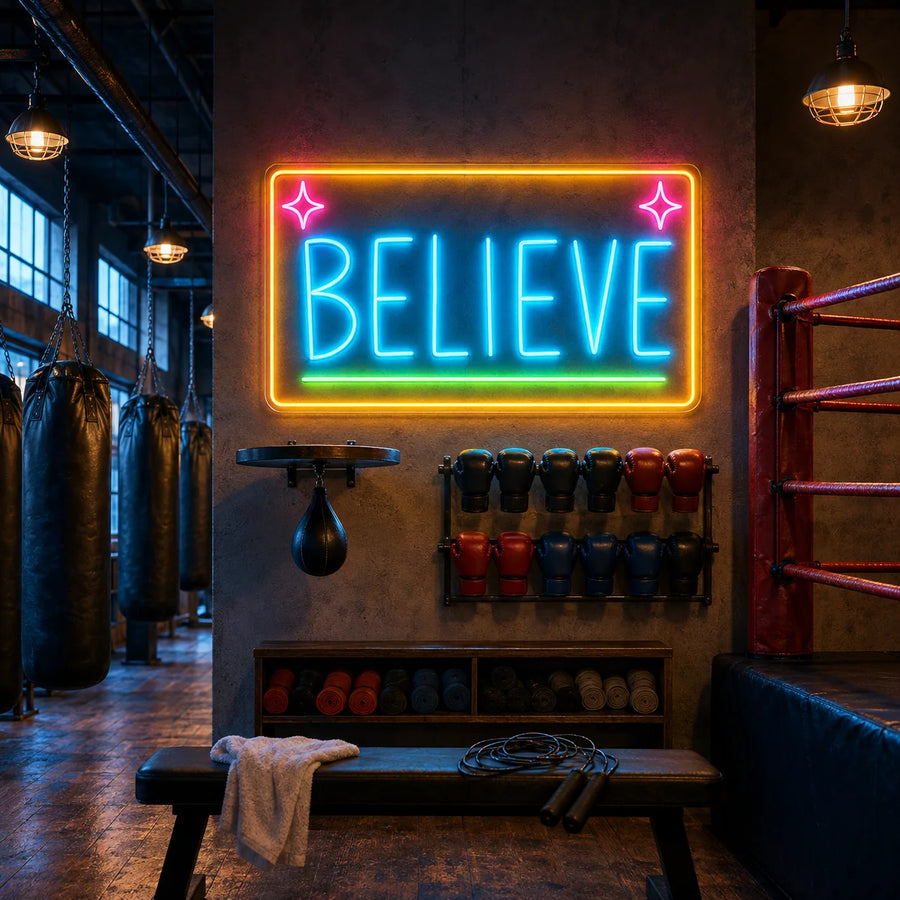 Believe neon sign in a gold frame glowing on a boxing gym wall above a glove rack