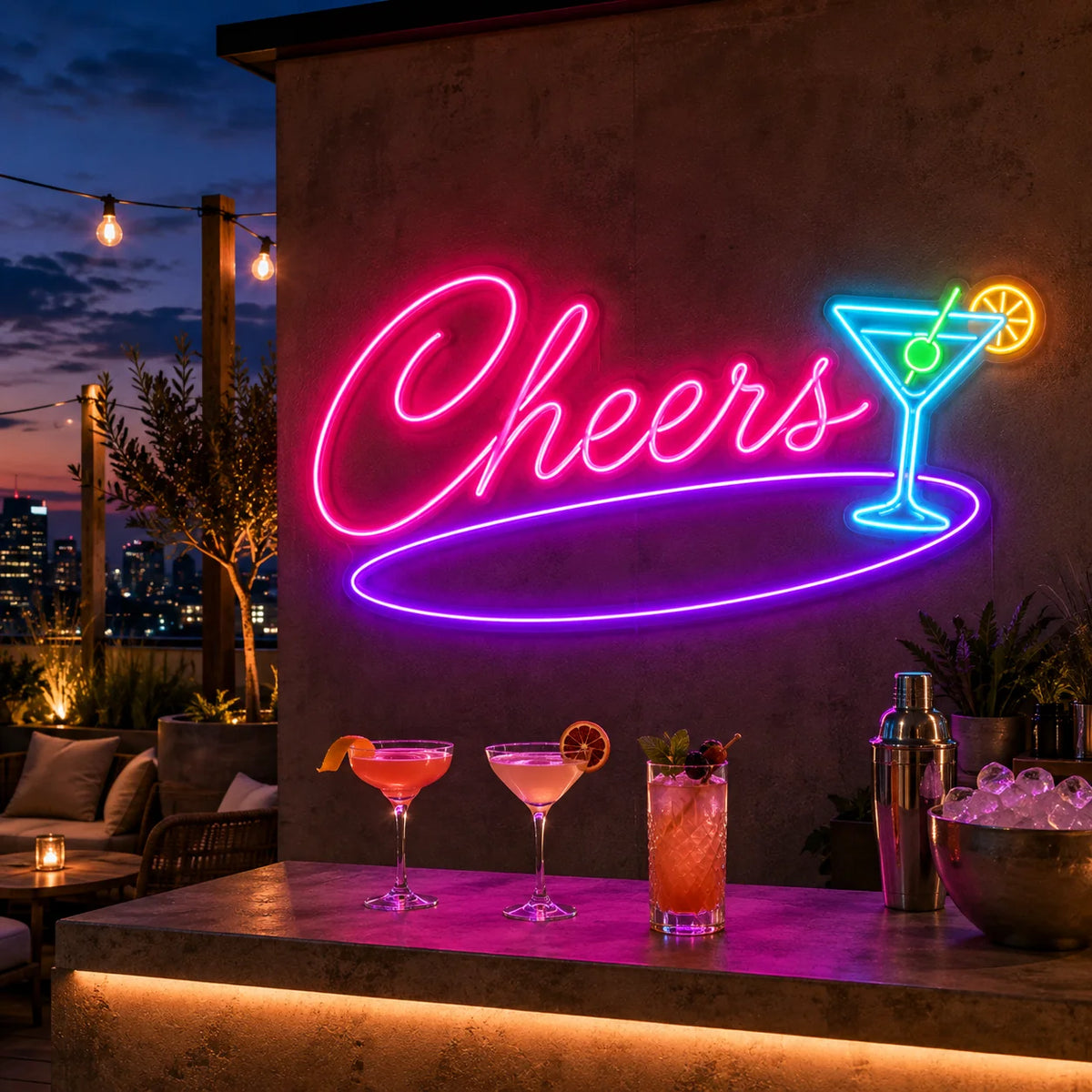 Cheers neon sign with cocktail glass on a rooftop bar wall