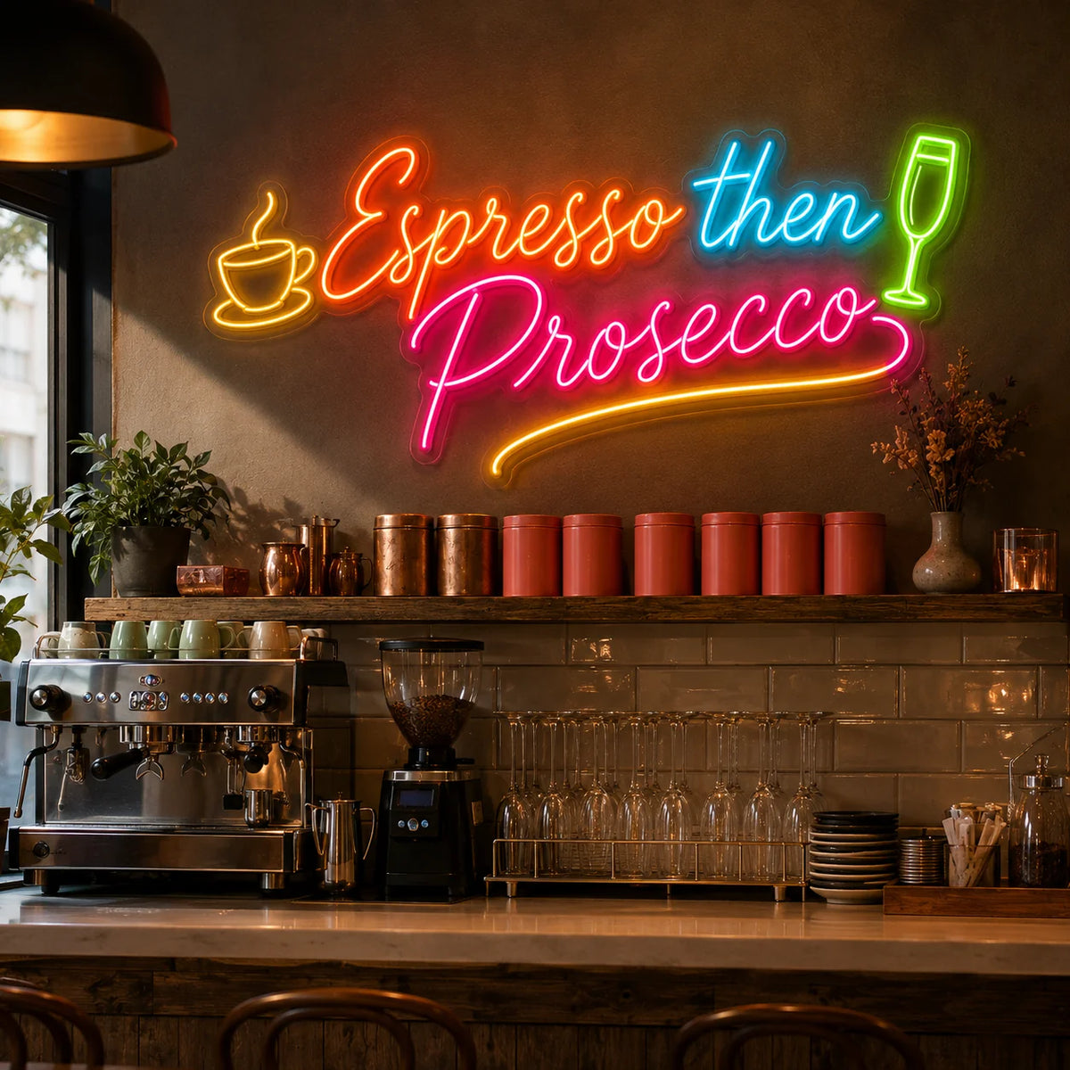 Espresso Then Prosecco neon sign above a cafe espresso bar