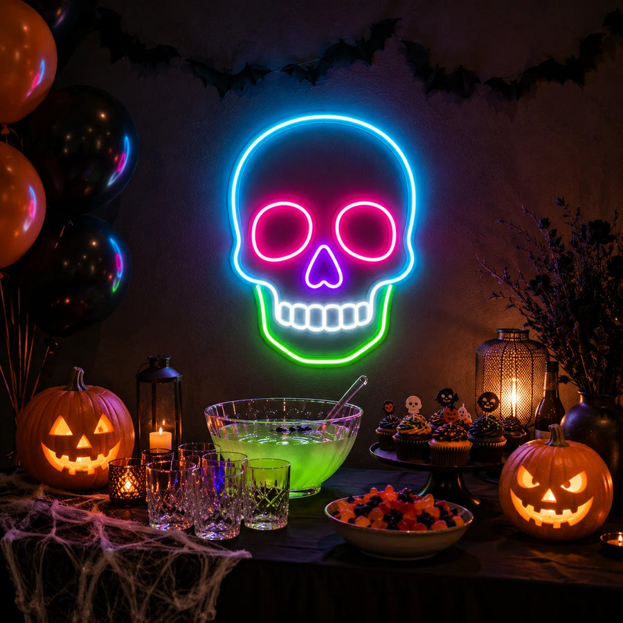 Neon skull sign glowing above a Halloween party table with drinks and decorations