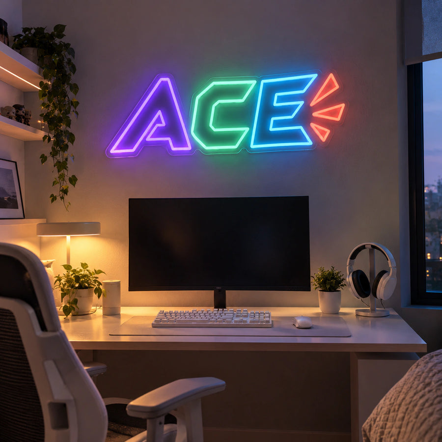ACE Gaming Neon Sign by Fineyst Neon, multi-colour LED neon sign on a gaming room wall