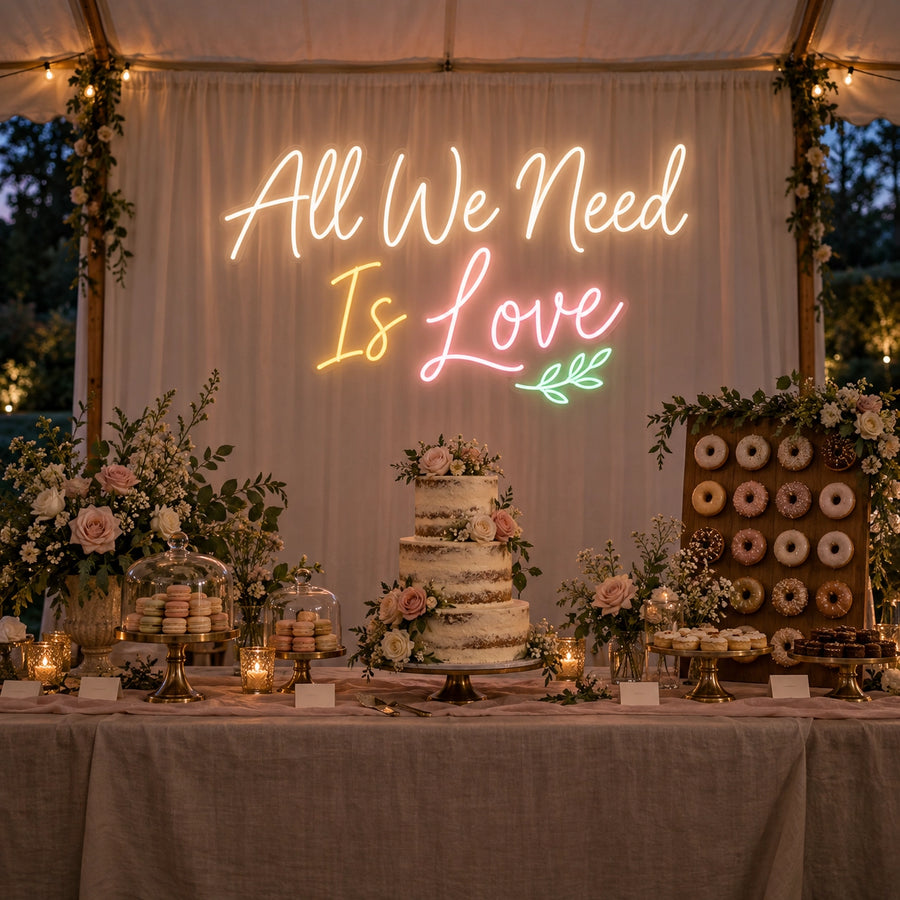 All We Need Is Love wedding neon sign in warm white, gold, pink and green for dessert table