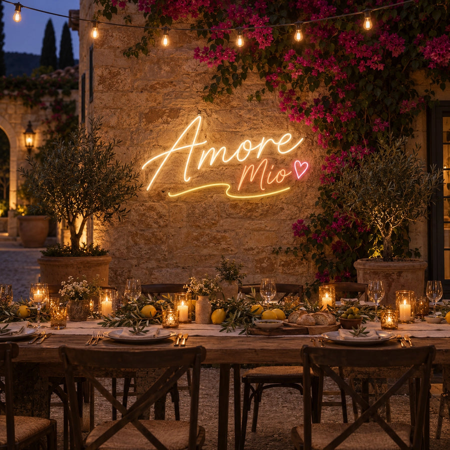 Amore Mio wedding neon sign in warm white, orange, pink and gold for rehearsal dinner