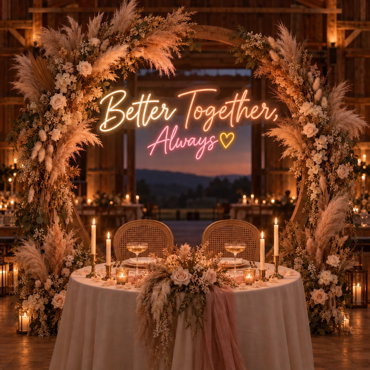 Better Together, Always neon sign above a wedding sweetheart table