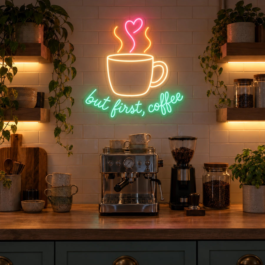 But First, Coffee LED neon sign in warm white, orange, pink and mint in a kitchen