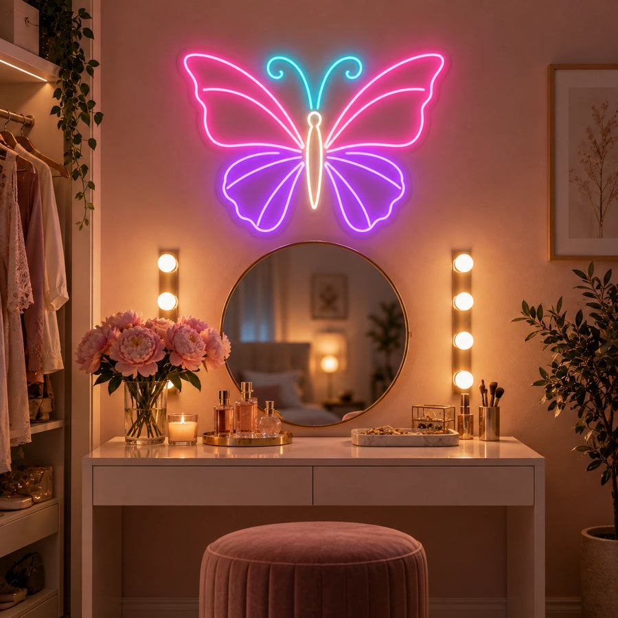 Butterfly LED neon sign in pink, purple, warm white and aqua in a bedroom