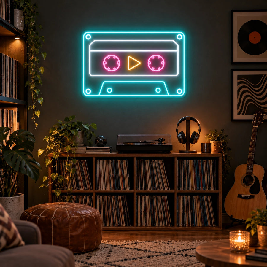 Cassette Tape LED neon sign in turquoise, pink, yellow and white in a music room