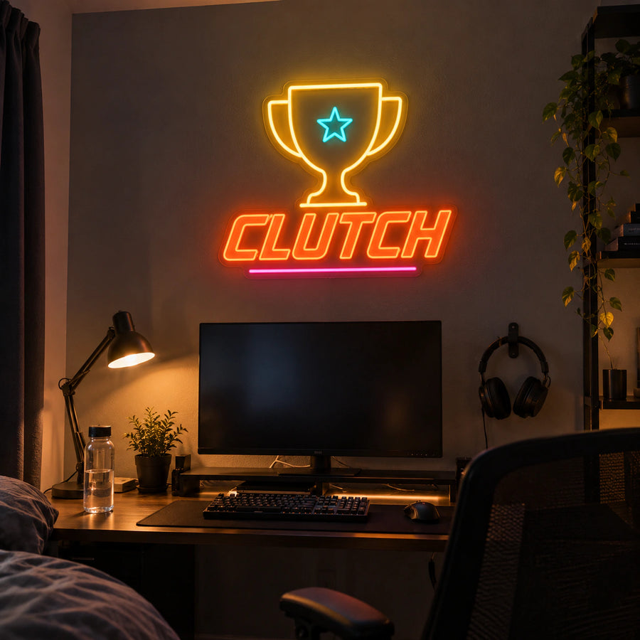 Clutch Trophy Gaming Neon Sign by Fineyst Neon, multi-colour LED neon sign on a gaming room wall