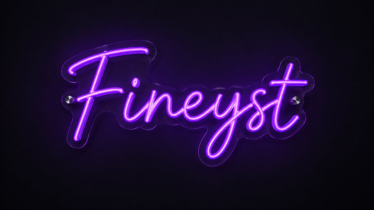Purple Fineyst script LED neon sign on clear cut-to-shape acrylic