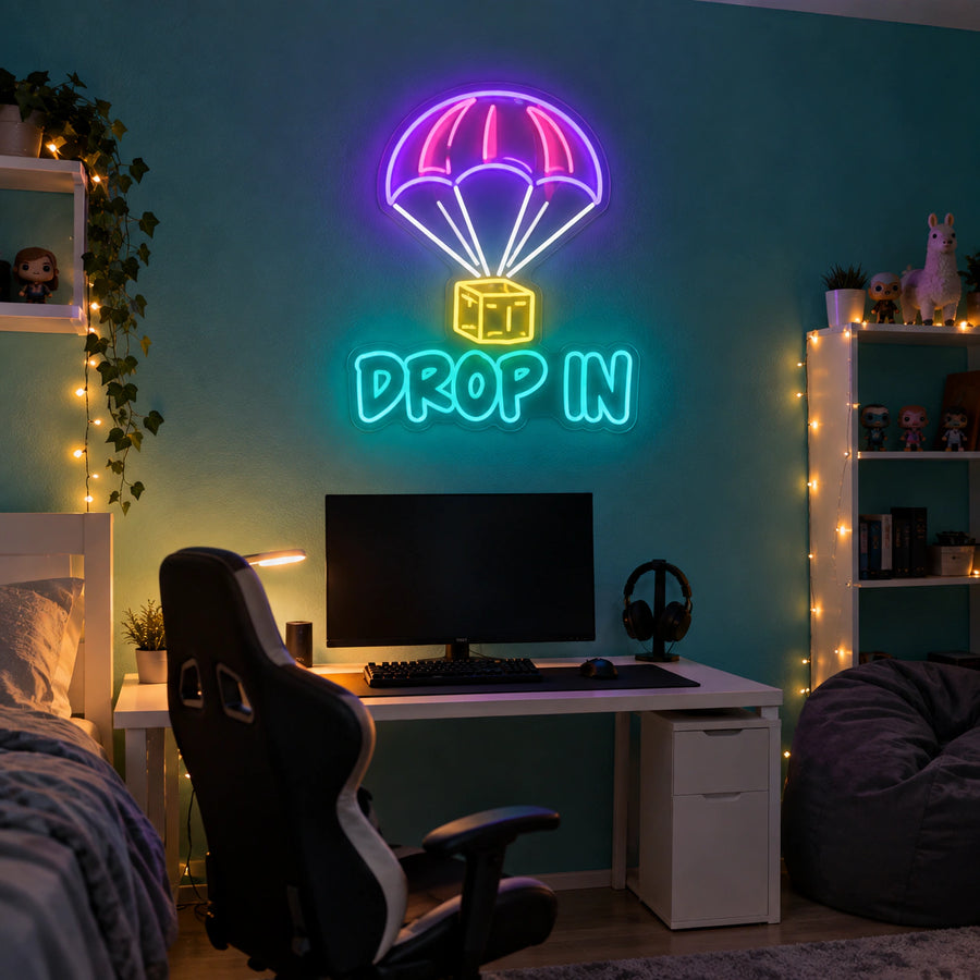 Drop In Parachute Gaming Neon Sign by Fineyst Neon, multi-colour LED neon sign on a gaming room wall