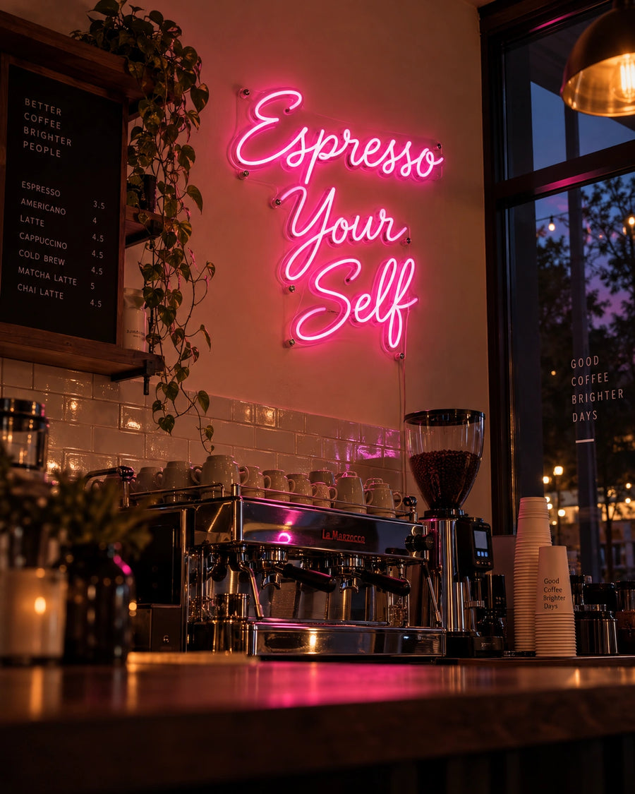 Espresso Your Self pink LED neon sign on a coffee shop wall behind the counter