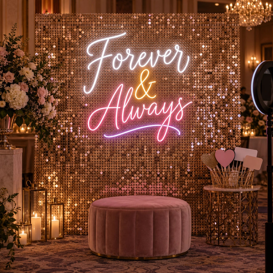 Forever & Always wedding neon sign in white, pink, gold and purple for wedding photo booth