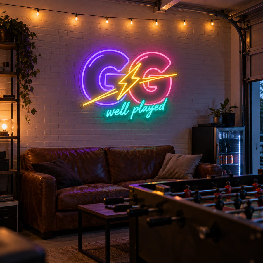 GG Well Played Gaming Neon Sign by Fineyst Neon, multi-colour LED neon sign on a gaming room wall