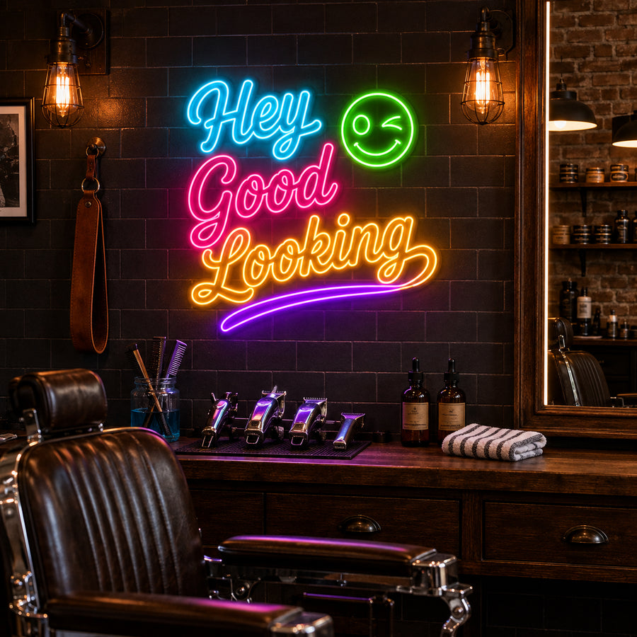 Hey Good Looking neon sign glowing in a barbershop