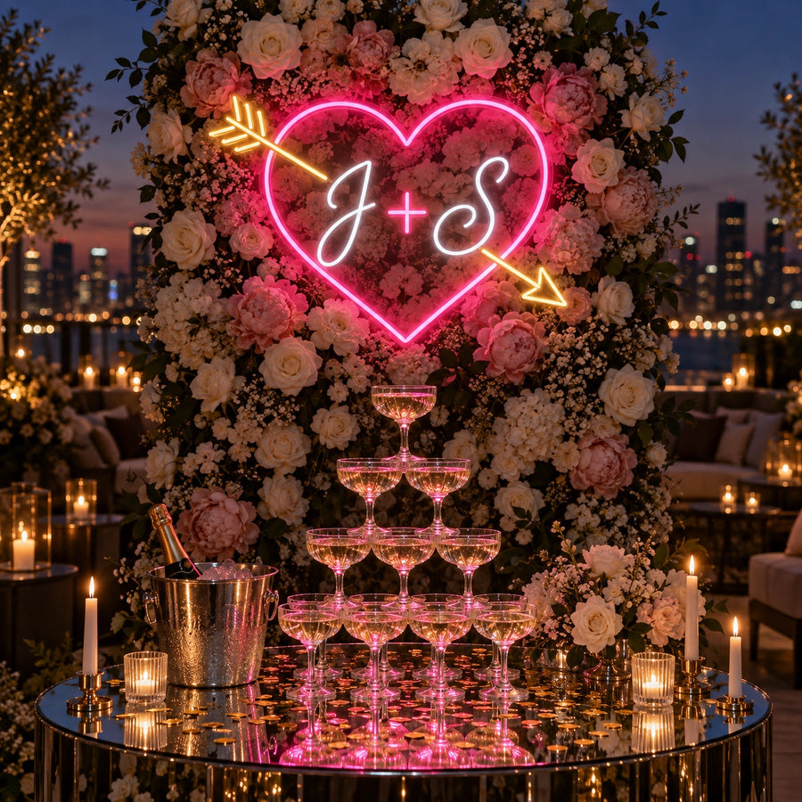 J + S Heart wedding neon sign in hot pink, gold and white for engagement party