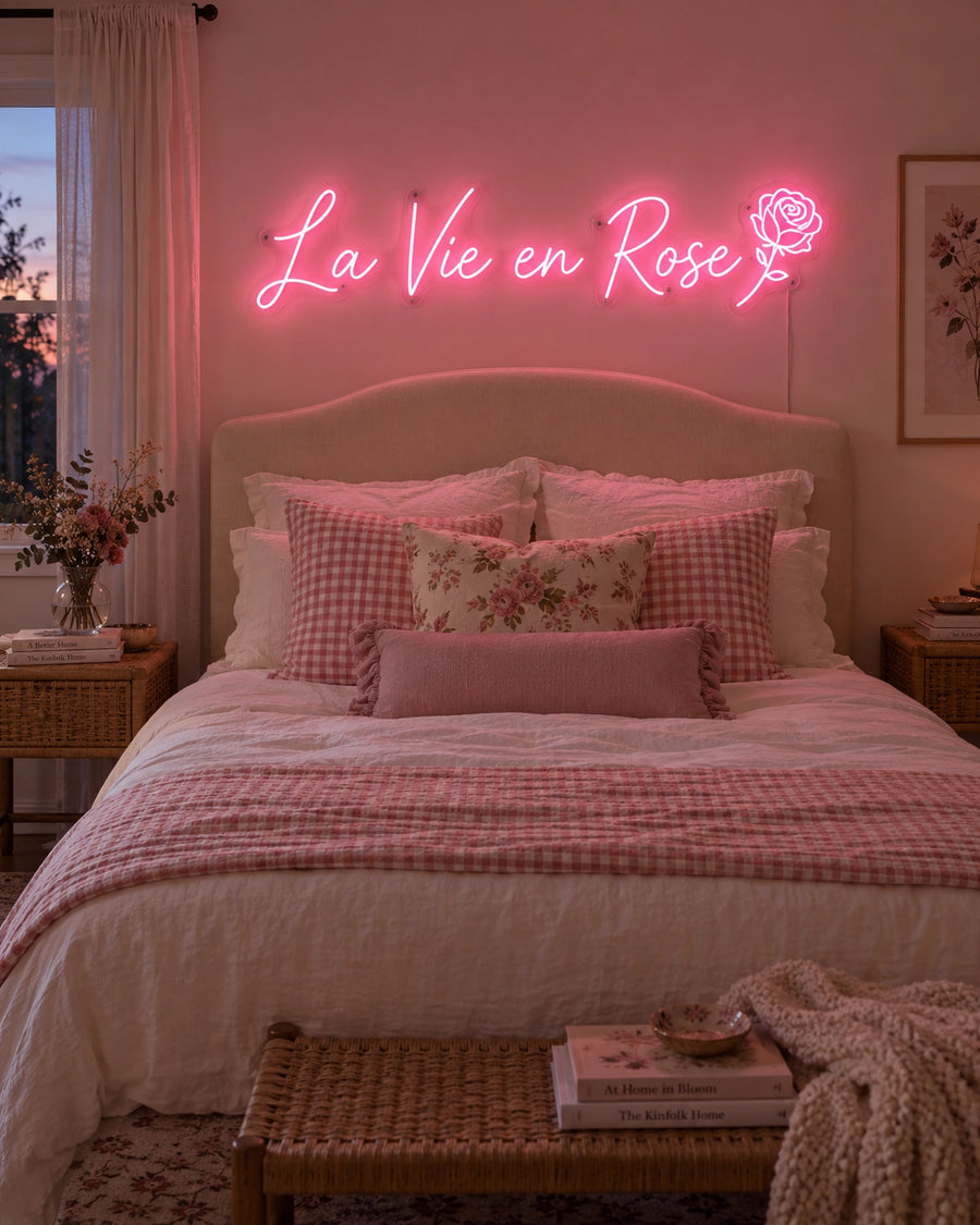 La Vie En Rose pink LED neon sign on a bedroom wall