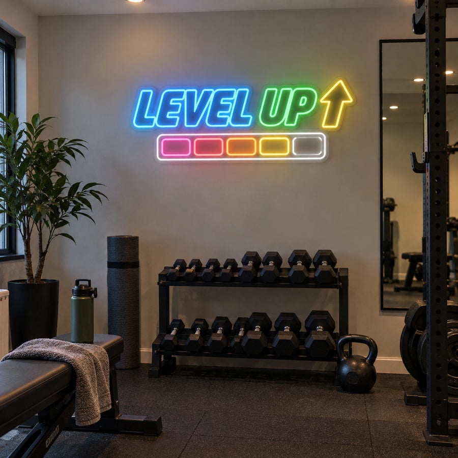 Level Up Gaming Neon Sign by Fineyst Neon, multi-colour LED neon sign on a gaming room wall