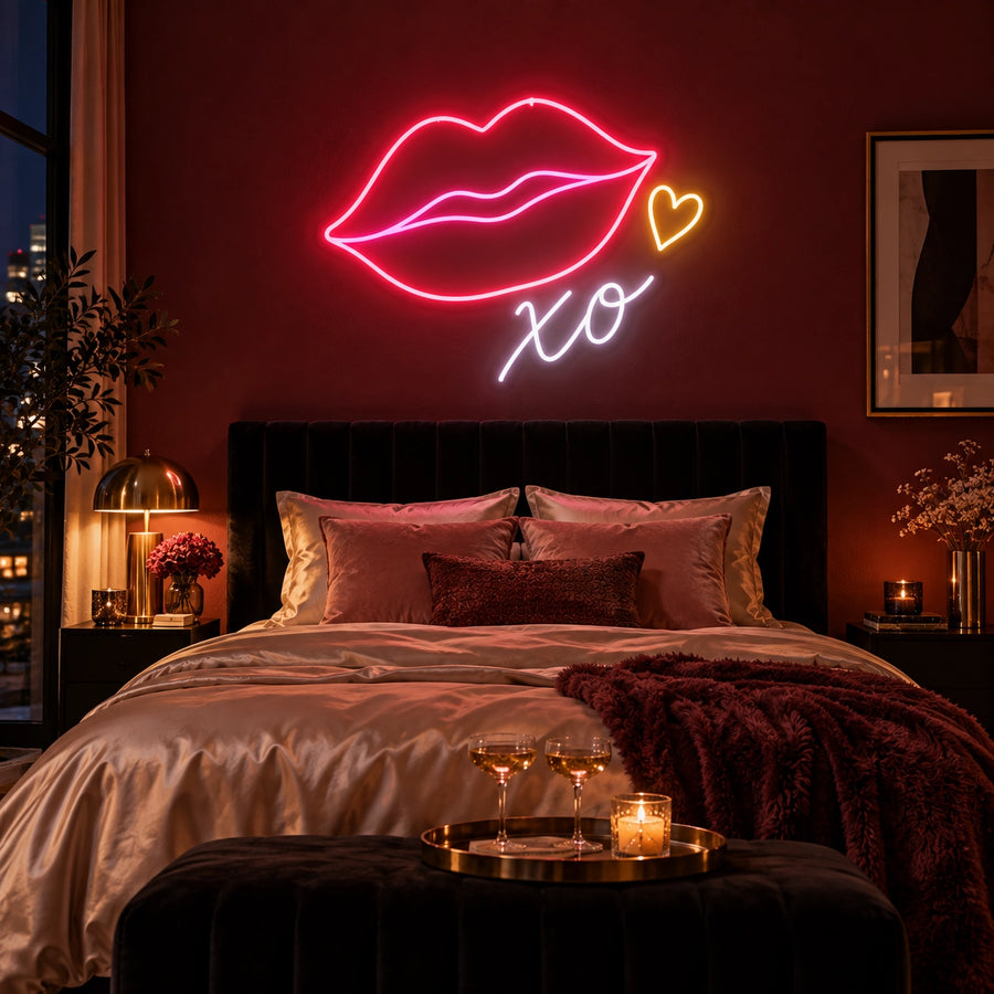 XO Lips LED neon sign in red, pink, gold and white in a bedroom
