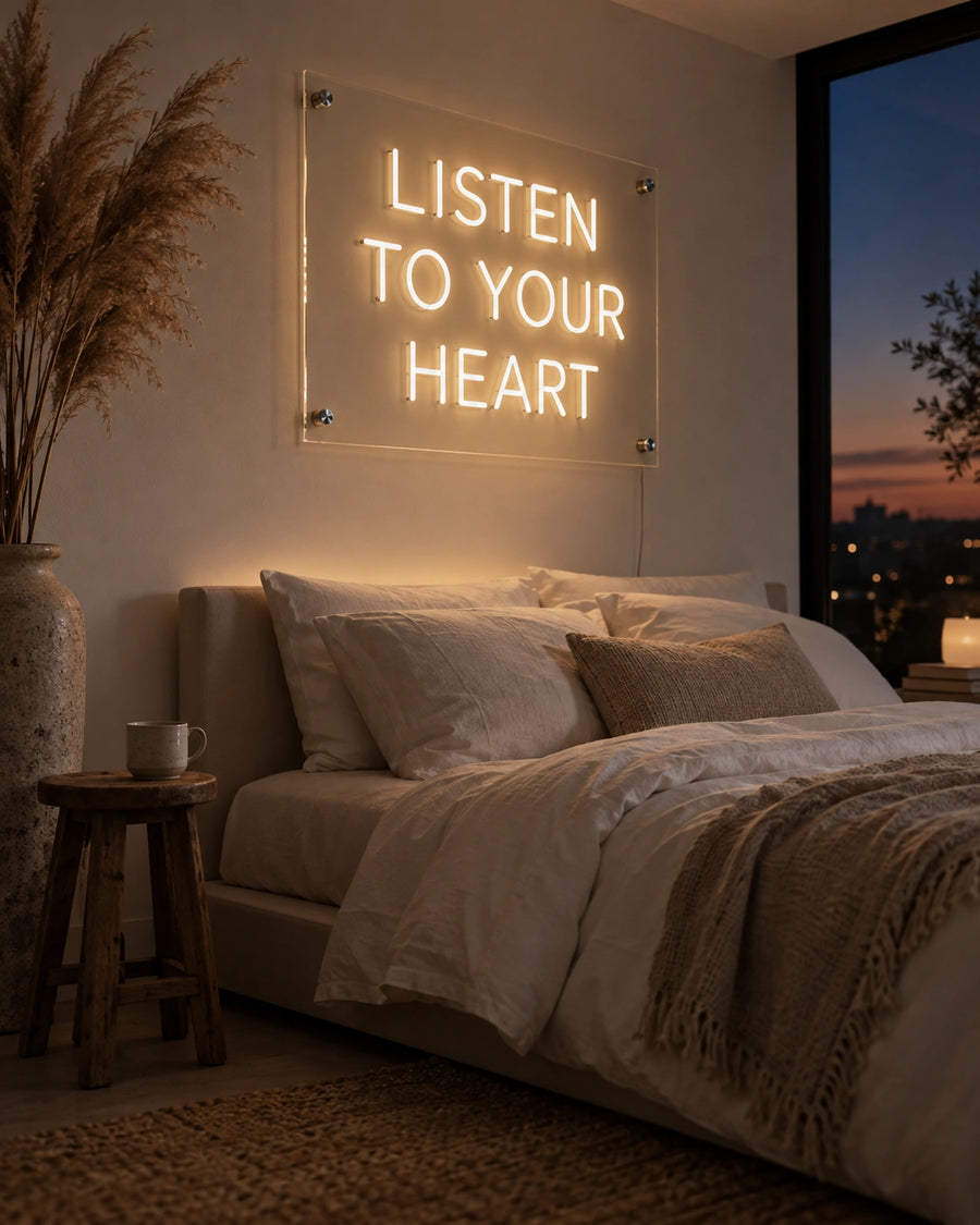 Listen To Your Heart warm white LED neon sign above a bed in a bedroom
