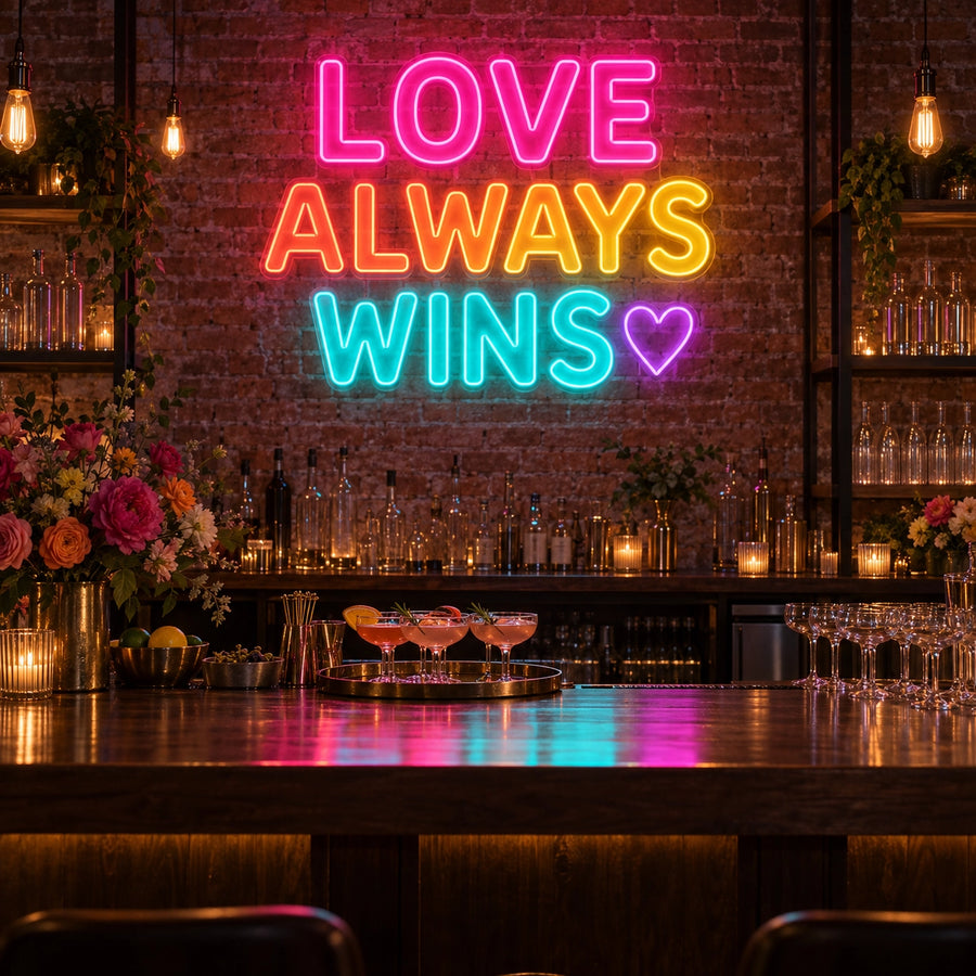 LOVE ALWAYS WINS wedding neon sign in pink, orange, yellow, aqua and purple for reception bar