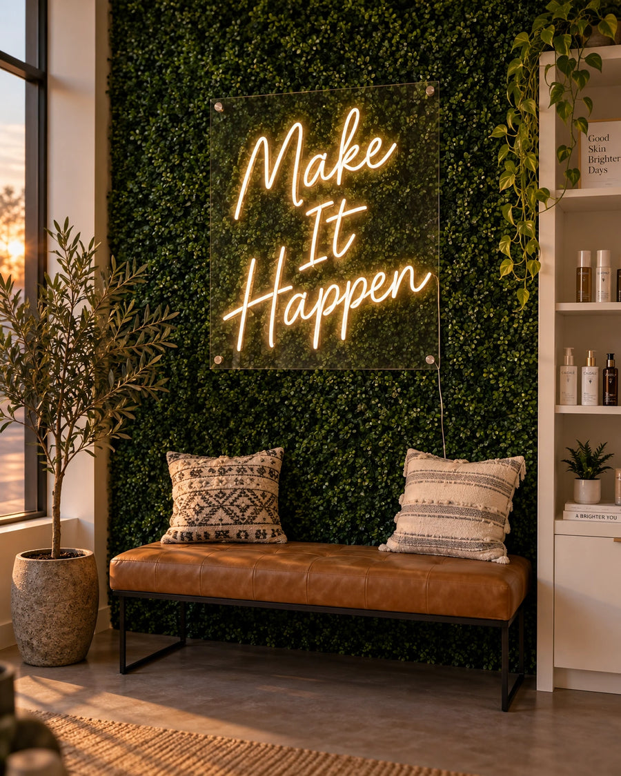 Make It Happen warm white LED neon sign mounted on a greenery wall in a salon