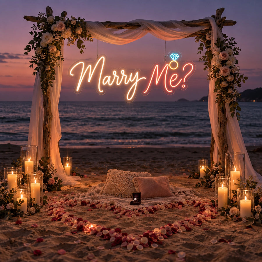 Marry Me? wedding neon sign in warm white, coral, gold and ice blue for proposal