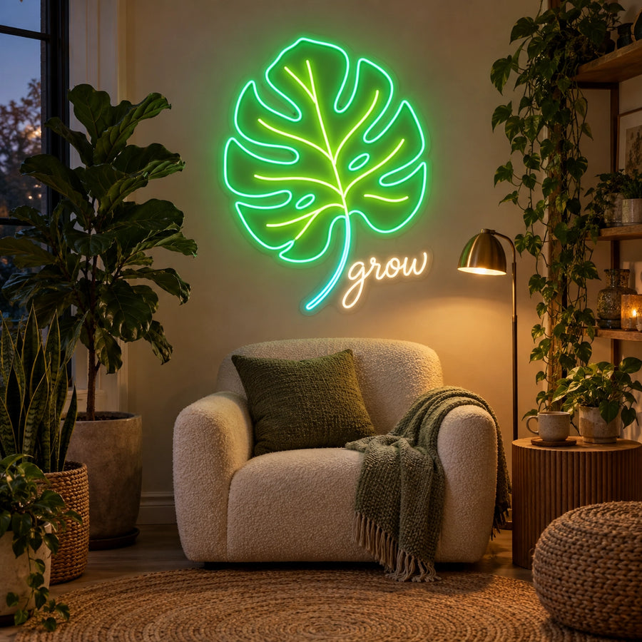 Monstera Grow LED neon sign in bright green, lime, turquoise and warm white in a living room