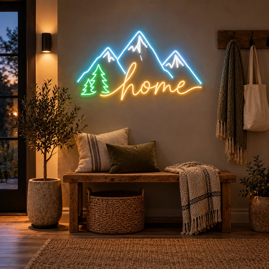 Mountain Home LED neon sign in ice blue, white, green and amber in a entryway