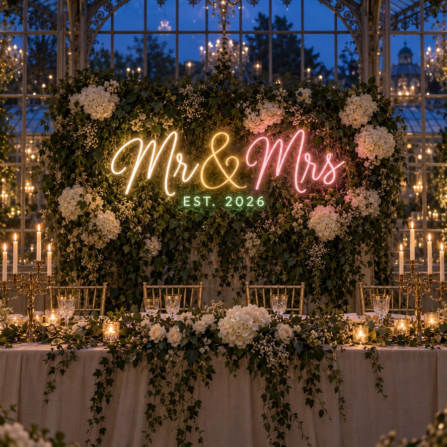 Mr & Mrs Est. 2026 wedding neon sign in warm white, gold, pink and mint for head table