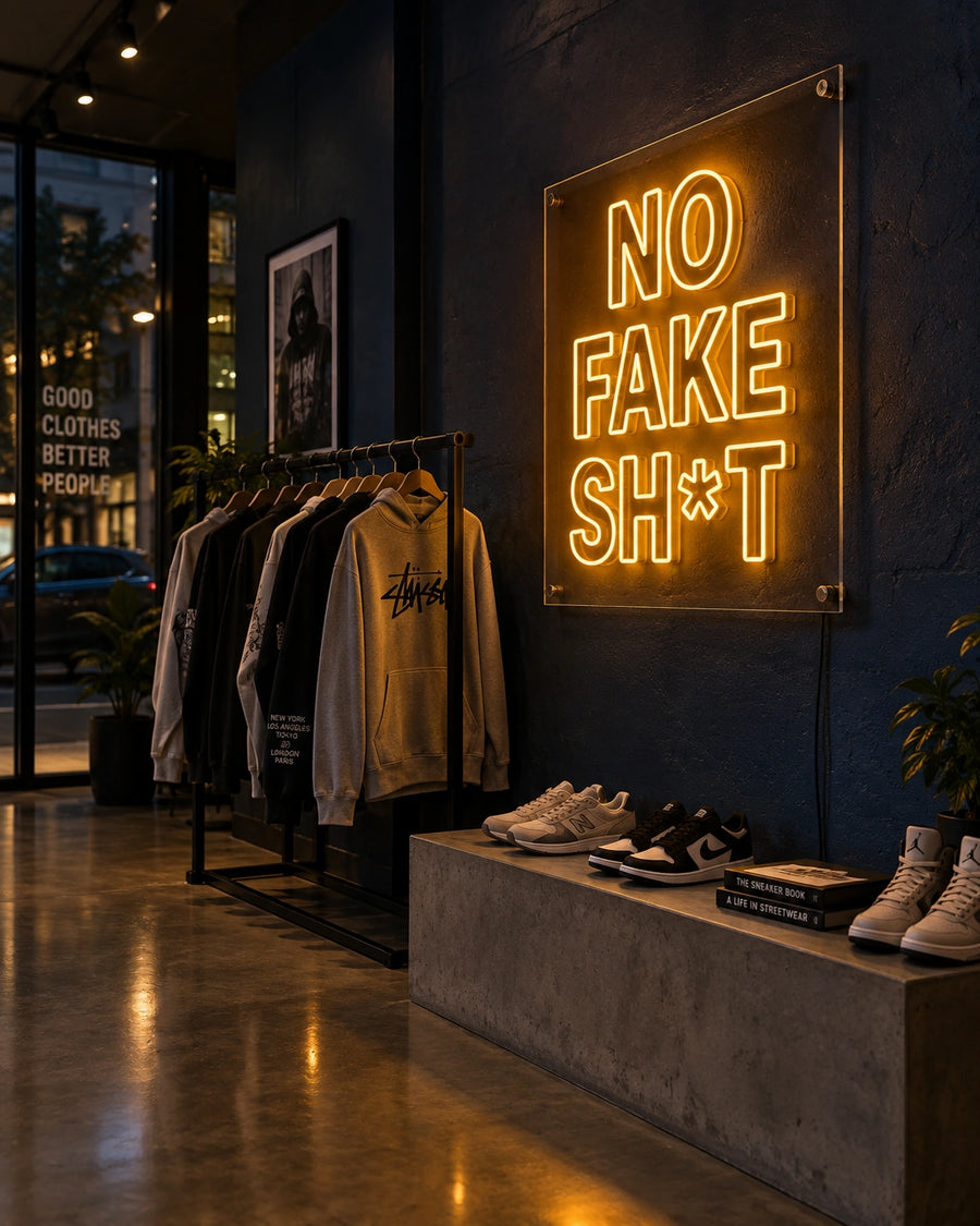 No Fake warm white LED neon sign on the wall of a streetwear clothing store