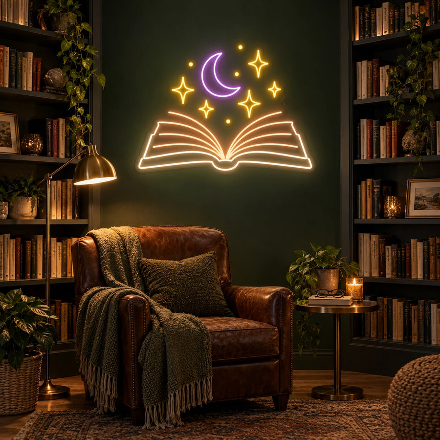 Open Book Stars LED neon sign in warm white, peach, gold and lilac in a reading nook