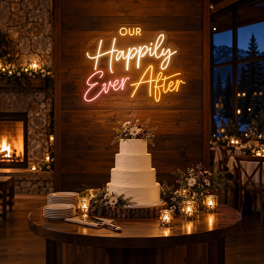 Our Happily Ever After wedding neon sign in warm white, gold, pink and amber for cake table