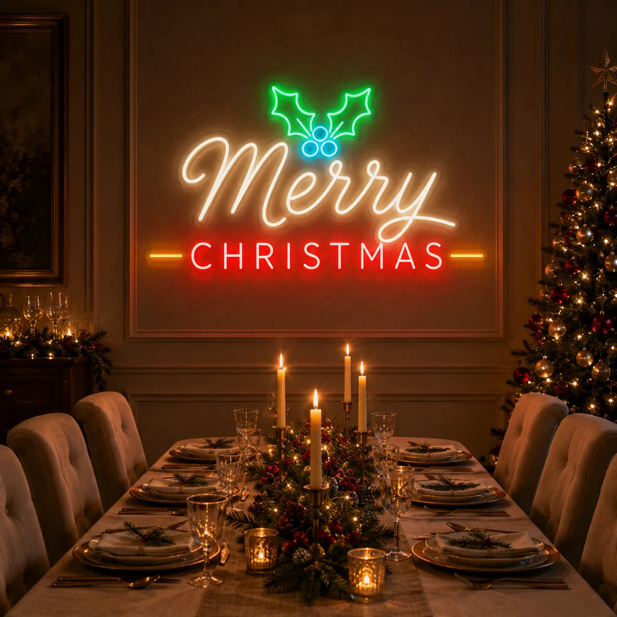 Merry Christmas Holly Neon Sign
