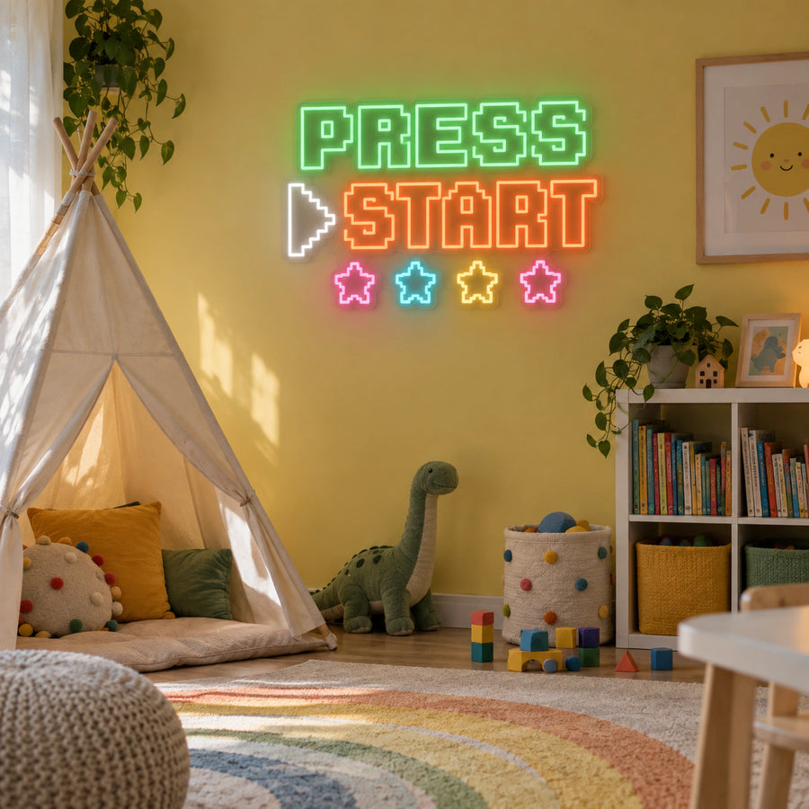 Press Start Gaming Neon Sign by Fineyst Neon, multi-colour LED neon sign on a gaming room wall