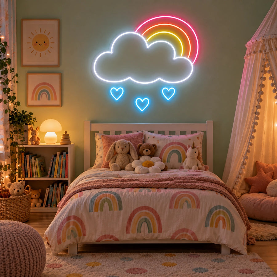 Rainbow Cloud LED neon sign in white, pink, orange, yellow and blue in a kids room