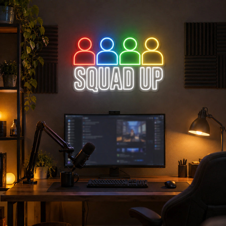 Squad Up Gaming Neon Sign by Fineyst Neon, multi-colour LED neon sign on a gaming room wall