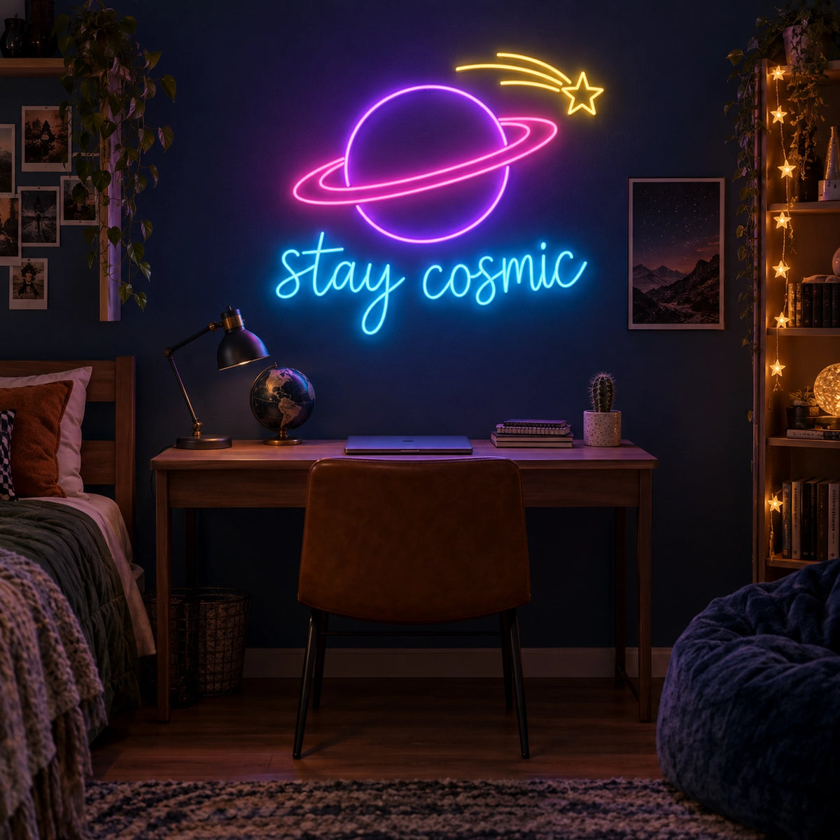 Stay Cosmic planet neon sign above a desk in a teen bedroom