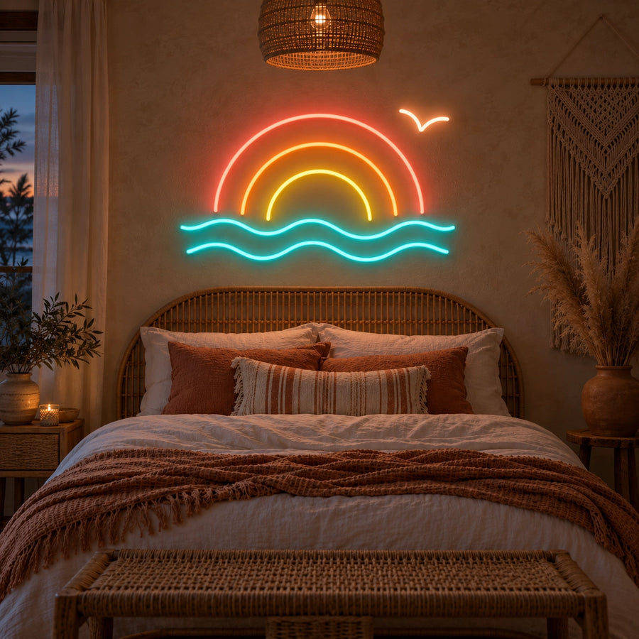 Sunset Waves LED neon sign in coral, orange, yellow and aqua in a bedroom