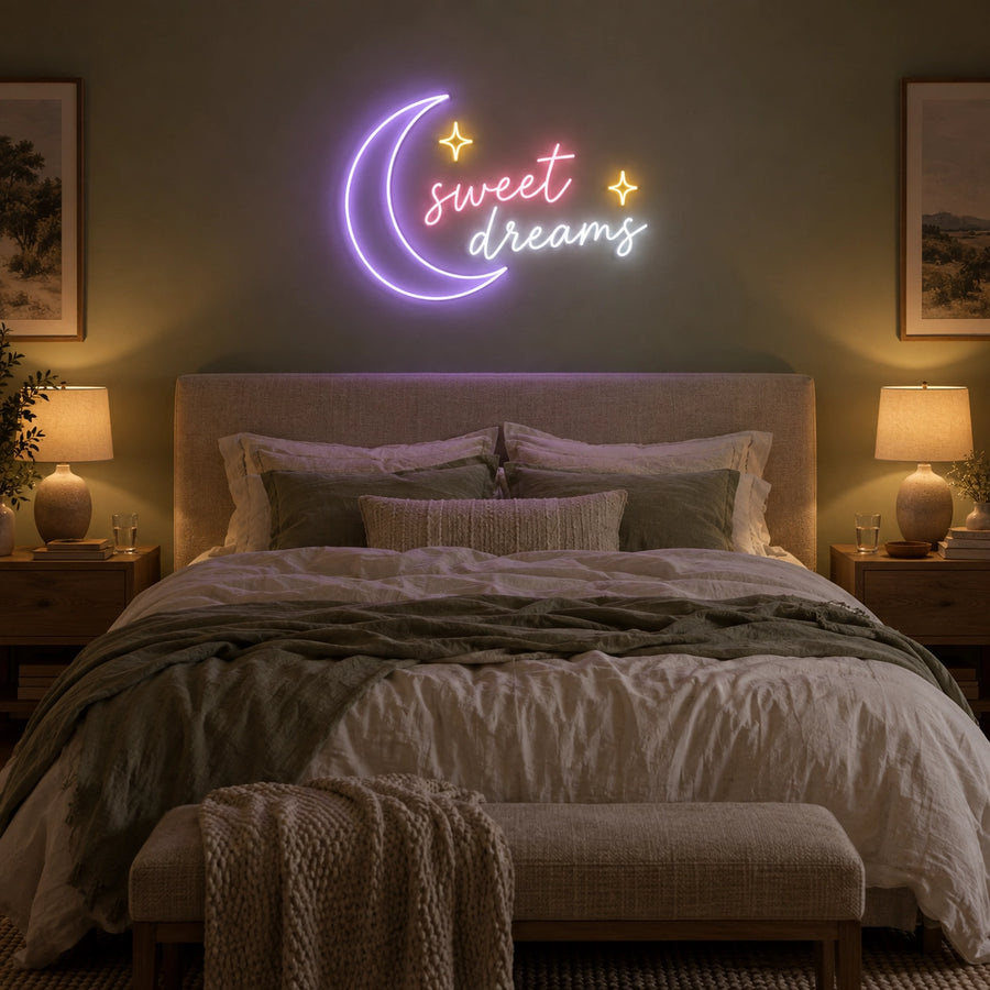 Sweet Dreams LED neon sign in lavender, pink, gold and white in a bedroom