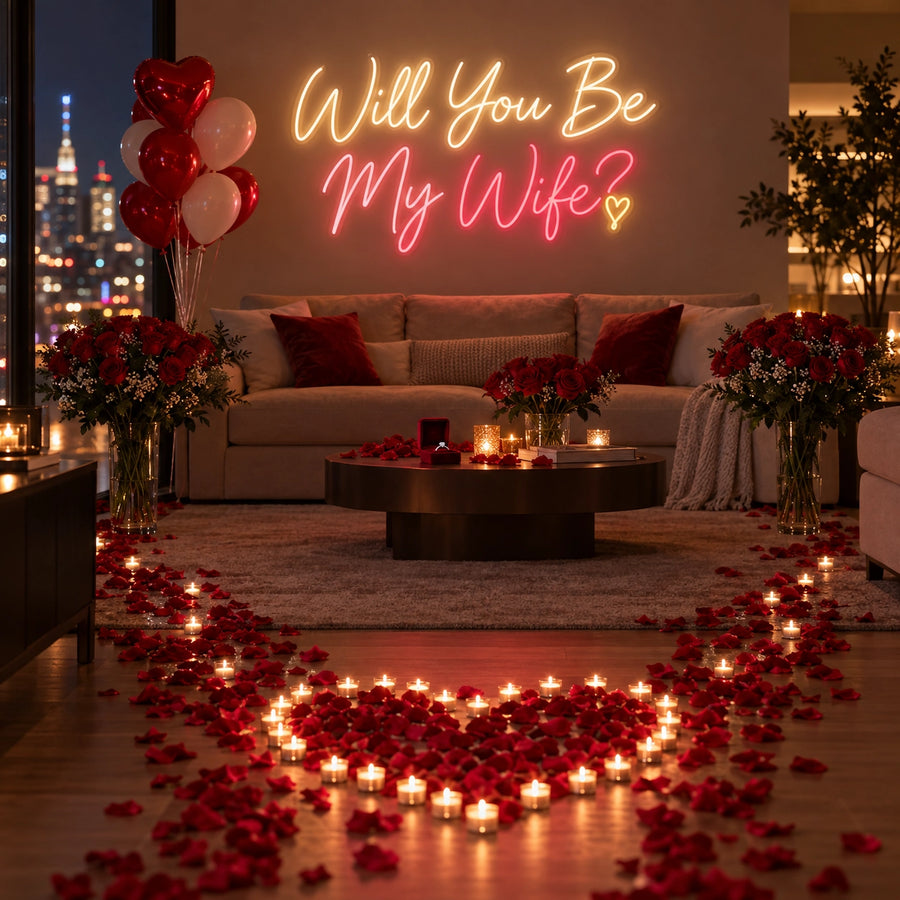Will You Be My Wife? wedding neon sign in warm white, pink, red and gold for proposal at home