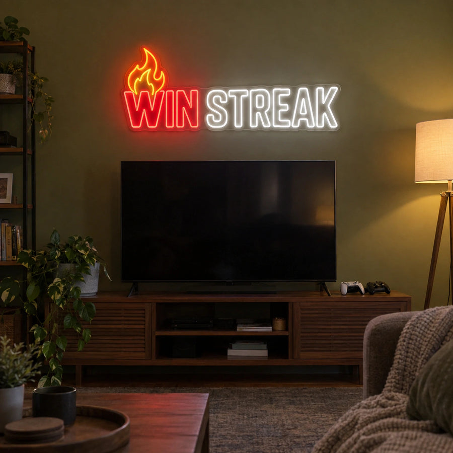Win Streak Gaming Neon Sign by Fineyst Neon, multi-colour LED neon sign on a gaming room wall