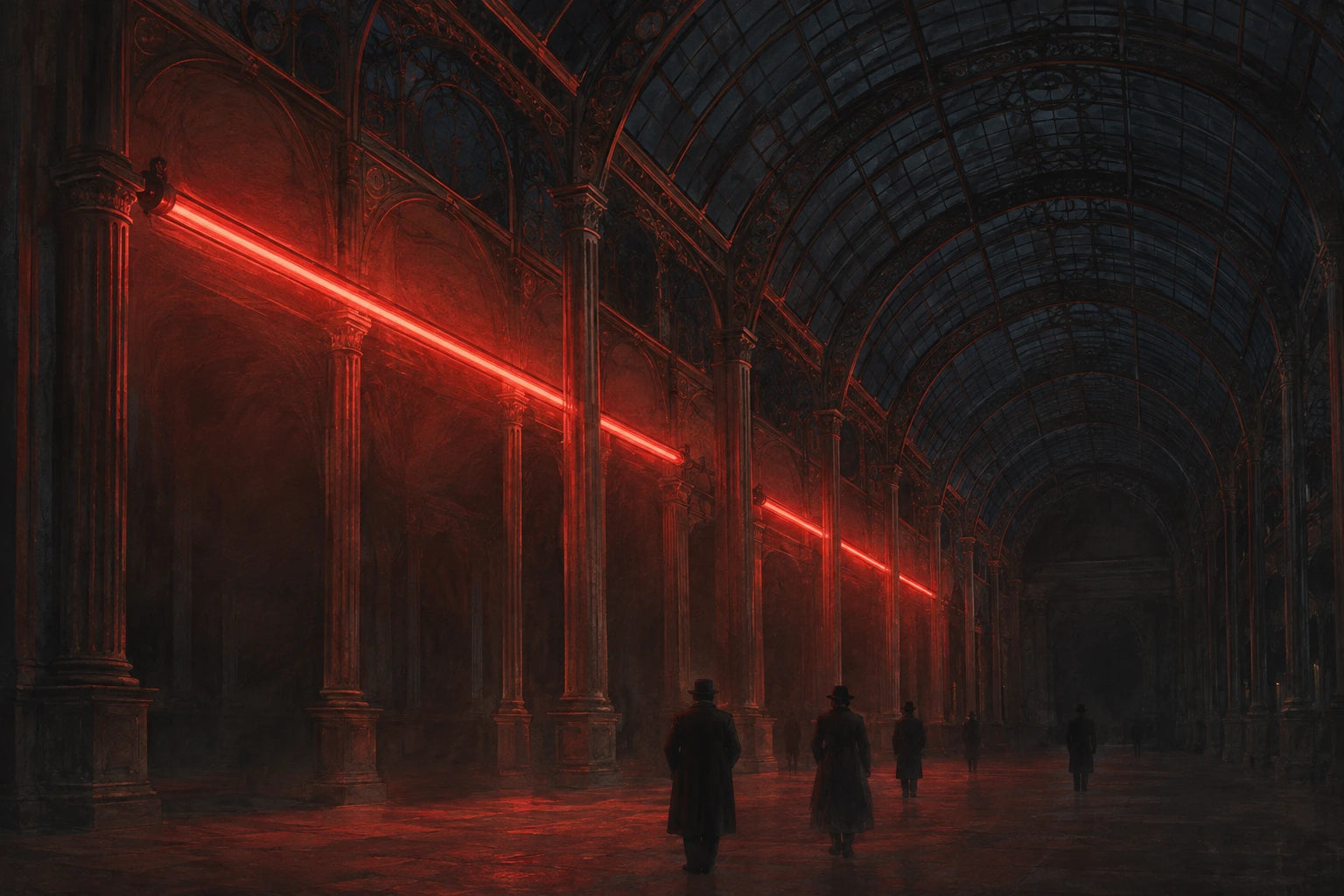 Red neon tubes lighting the Grand Palais at the 1910 Paris Motor Show