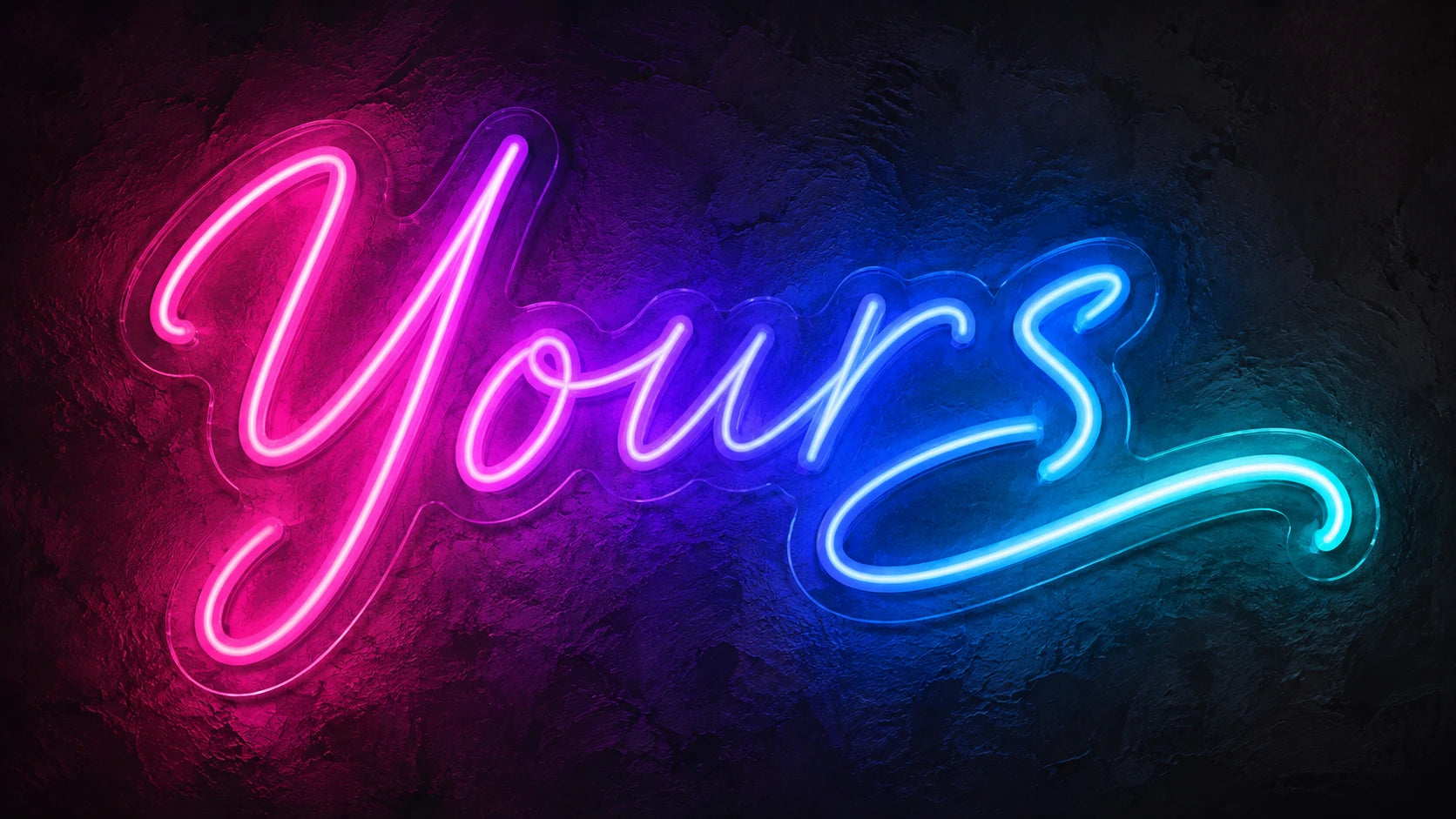A pink-to-blue neon sign reading Yours