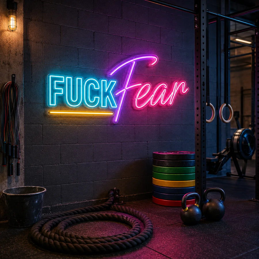 Fuck Fear neon sign glowing on a concrete gym wall beside kettlebells and a battle rope