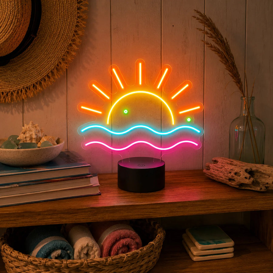 Sunset and waves neon desk light glowing on a coastal shelf beside shells and driftwood