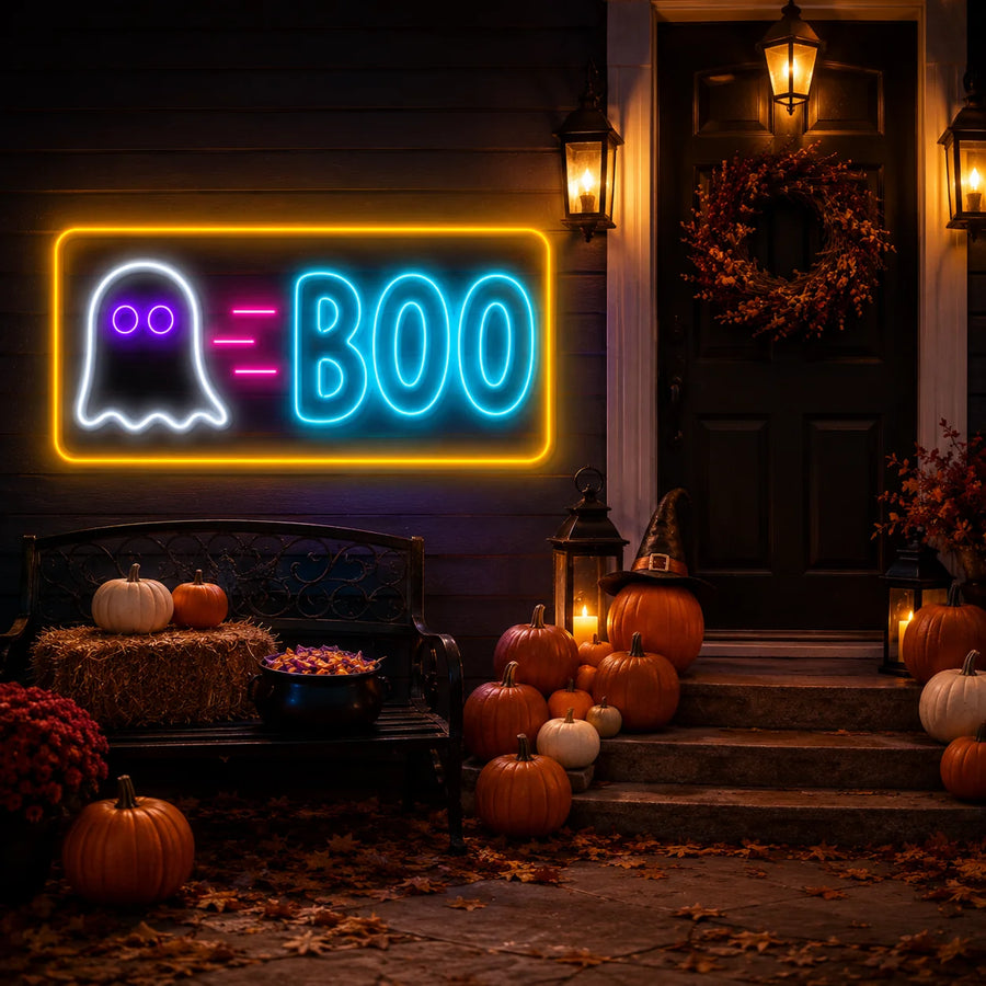 Cozy neon Halloween sign glowing on a decorated porch with pumpkins and autumn leaves